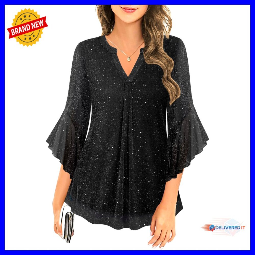 Glitter Tunic Blouse 3/4 Bell Sleeves V Neck Dressy Top